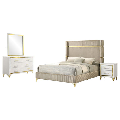 Malcolm wingback bed in beige striped upholstery, gold-trim dresser with mirror and nightstands on Tampa Home & Garden Store