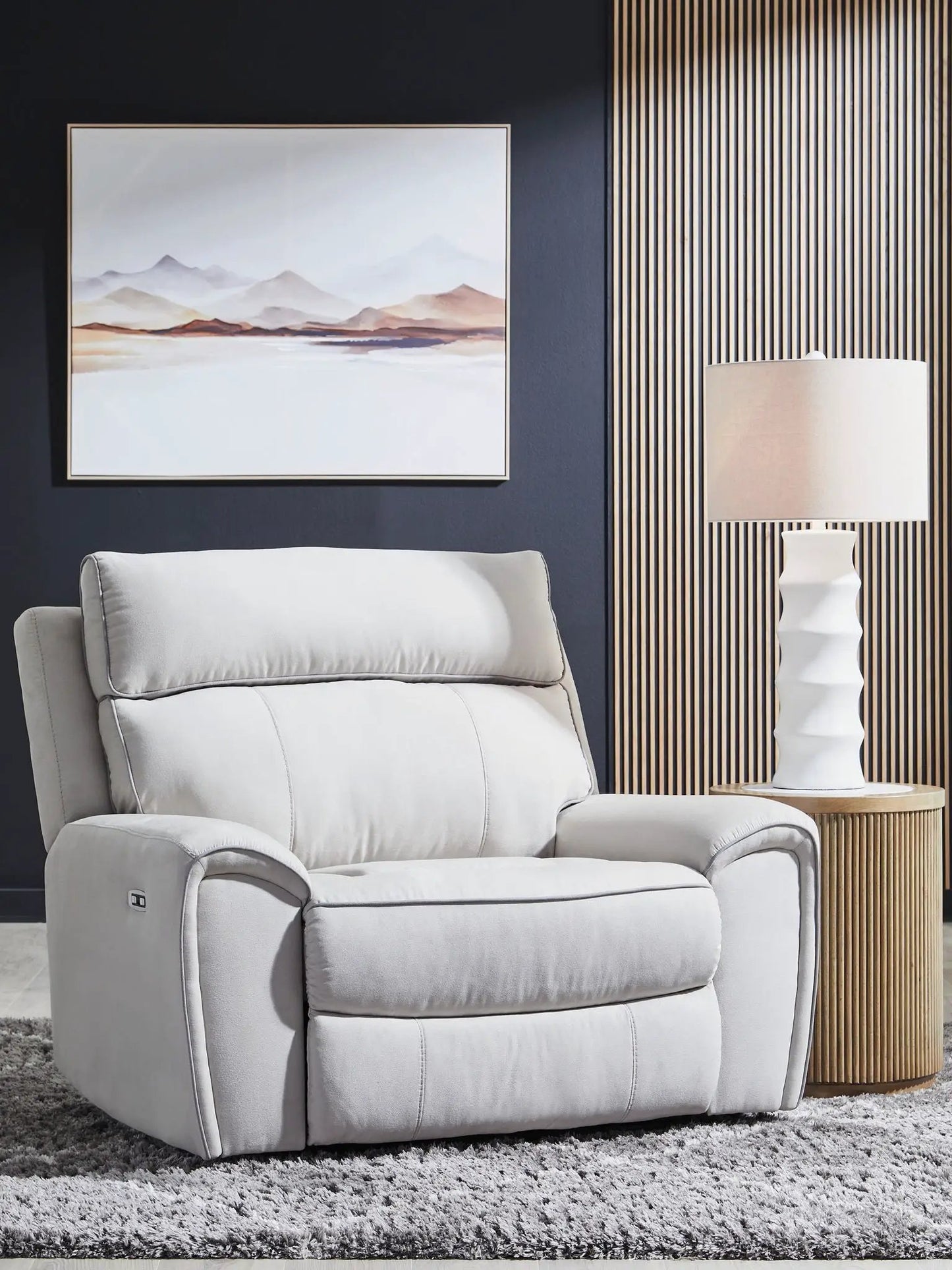 Social Pointe power recliner with adjustable headrest in pearl ash fabric on Tampa Home & Garden Store