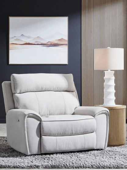 Social Pointe power recliner with adjustable headrest in pearl ash fabric on Tampa Home & Garden Store