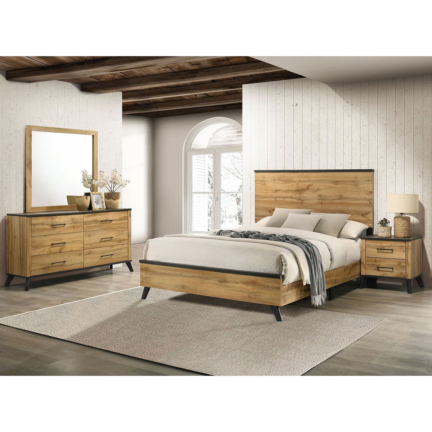 Georgina 4 Piece Queen Bedroom Set in natural wood with black trim; bed, dresser with mirror on Tampa Home & Garden Store