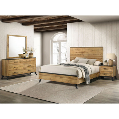 Georgina 4 Piece Queen Bedroom Set in natural wood with black trim; bed, dresser with mirror on Tampa Home & Garden Store