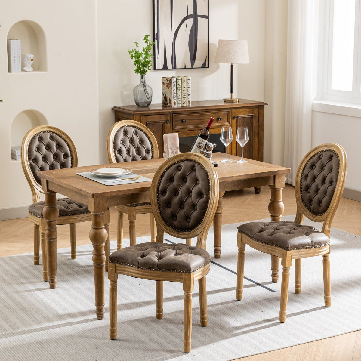 French Style Solid Wood Dining Chair with Nailhead Trim in brown tufted upholstery HouseOfZazla on Tampa Home & Garden Store