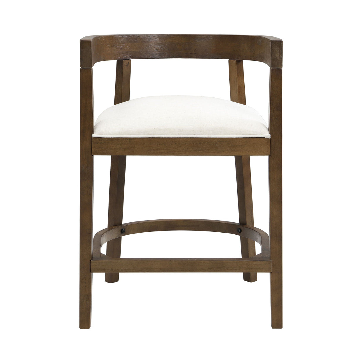 Modern rubberwood counter stool with upholstered beige seat in dark wood finish on Tampa Home & Garden Store