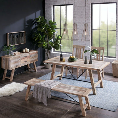 Solid wood dining bench with metal stretchers in light brown rustic dining room scene on Tampa Home & Garden Store
