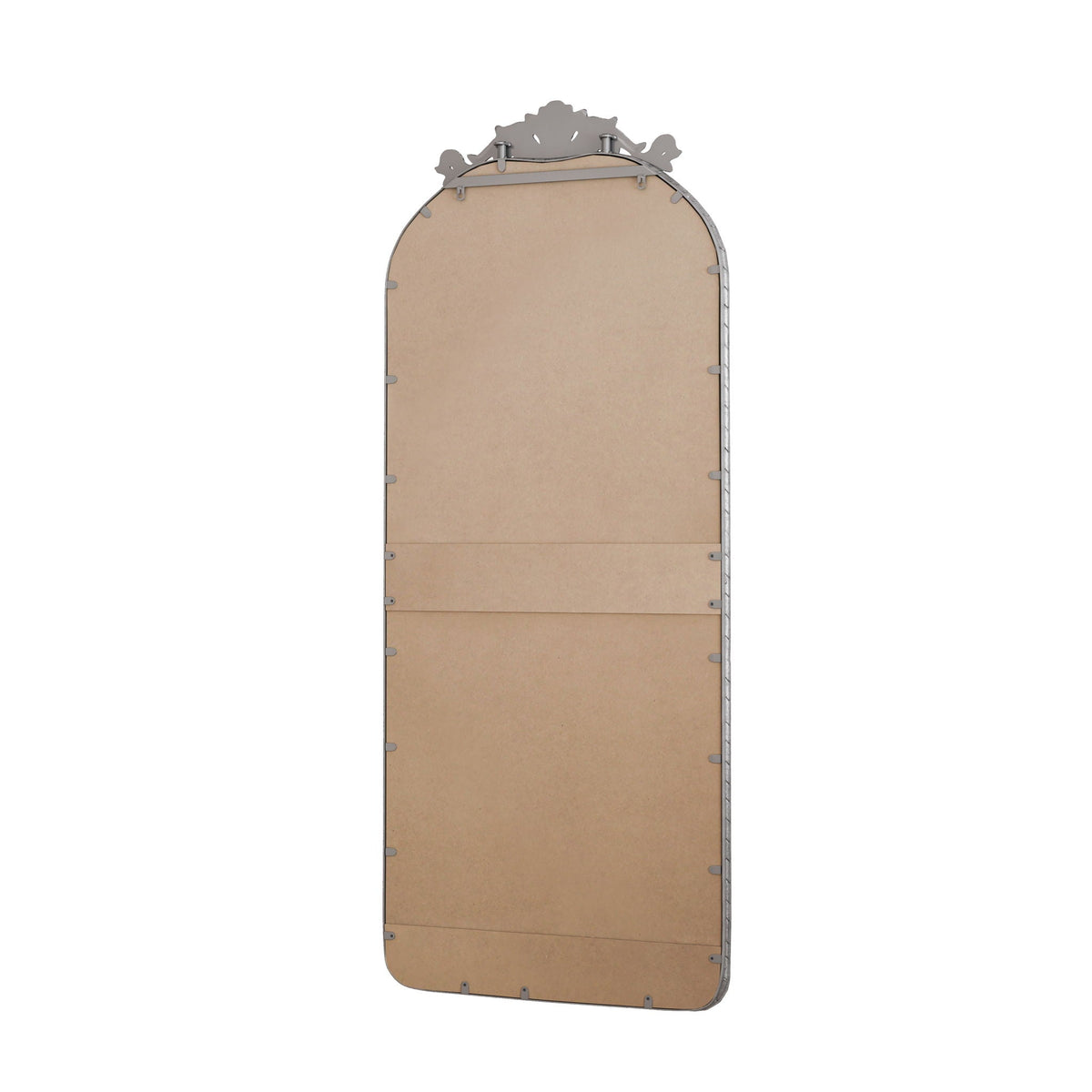 Full Body Arched Mirror back view with vintage carved applique in bronze or pearl silver on Tampa Home & Garden Store