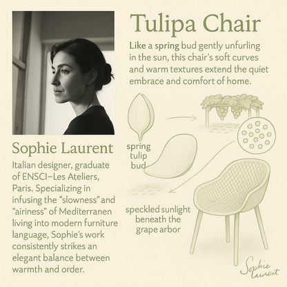 Tulipa Chair poster with Sophie Laurent portrait and botanical sketches beside a drawn chair on Tampa Home & Garden Store