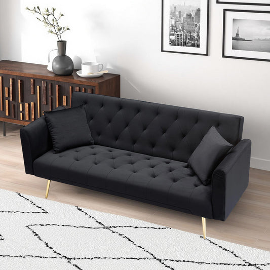 71-inch foldable double sofa with black tufted upholstery and gold legs in a modern living room on Tampa Home & Garden Store