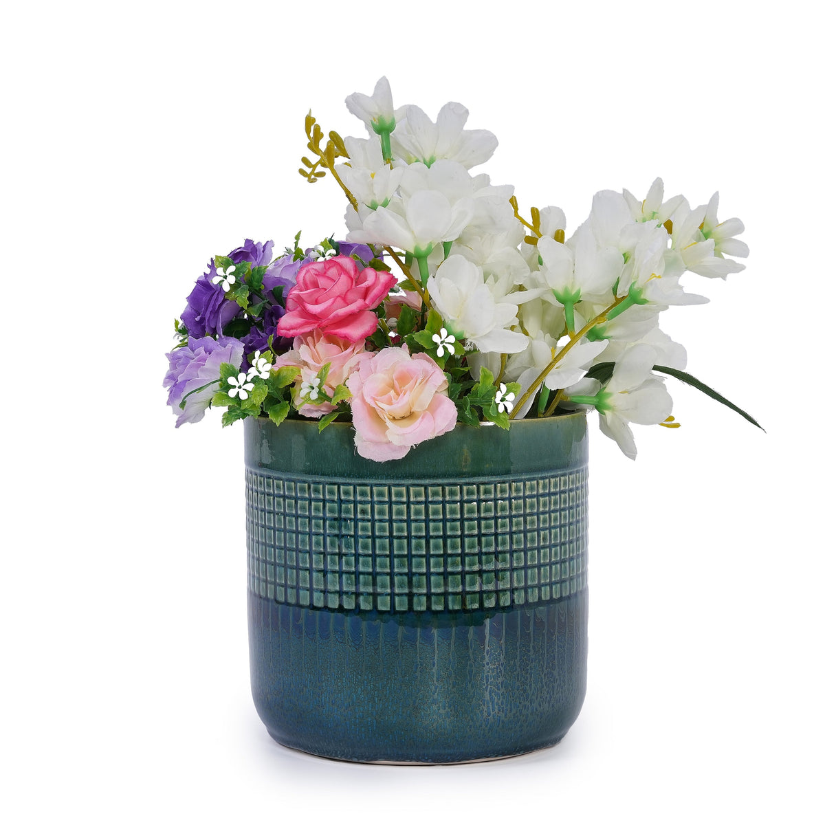 Set of 3 grid ceramic flowerpots in blue-green with textured square pattern by HouseOfZazla on Tampa Home & Garden Store