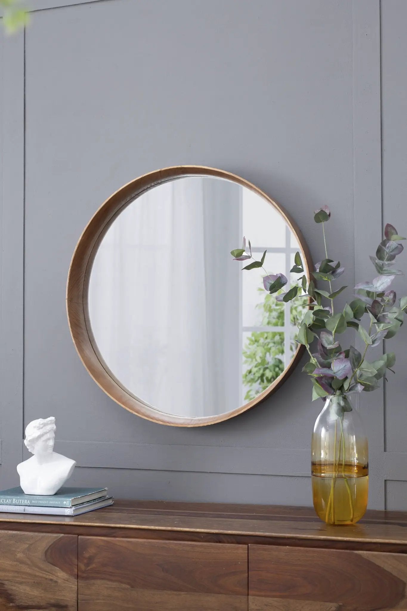 Round Wood Mirror Wall Mounted Home Decor