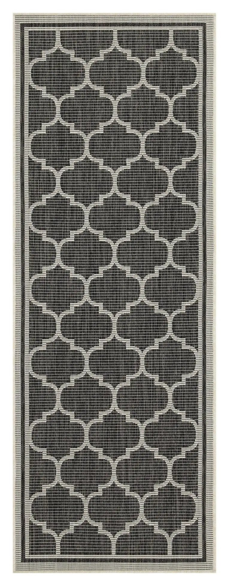 Sunshine rectangular area rug polypropylene in dark charcoal with cream trellis pattern on Tampa Home & Garden Store