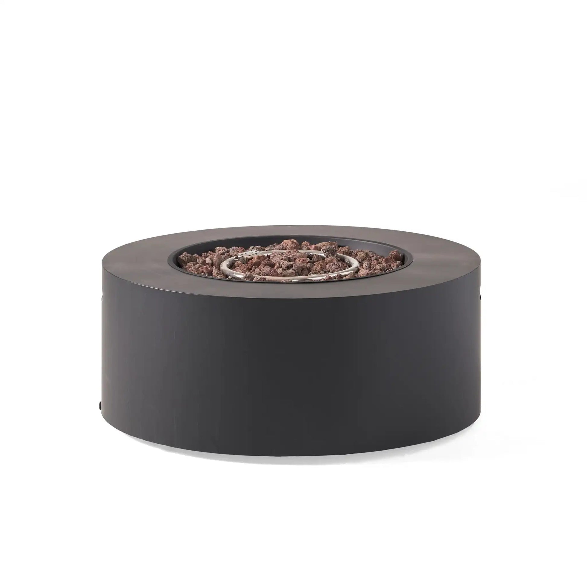 Round iron gas fire pit with lava rock bed and central burner, 40,000 BTU on Tampa Home & Garden Store