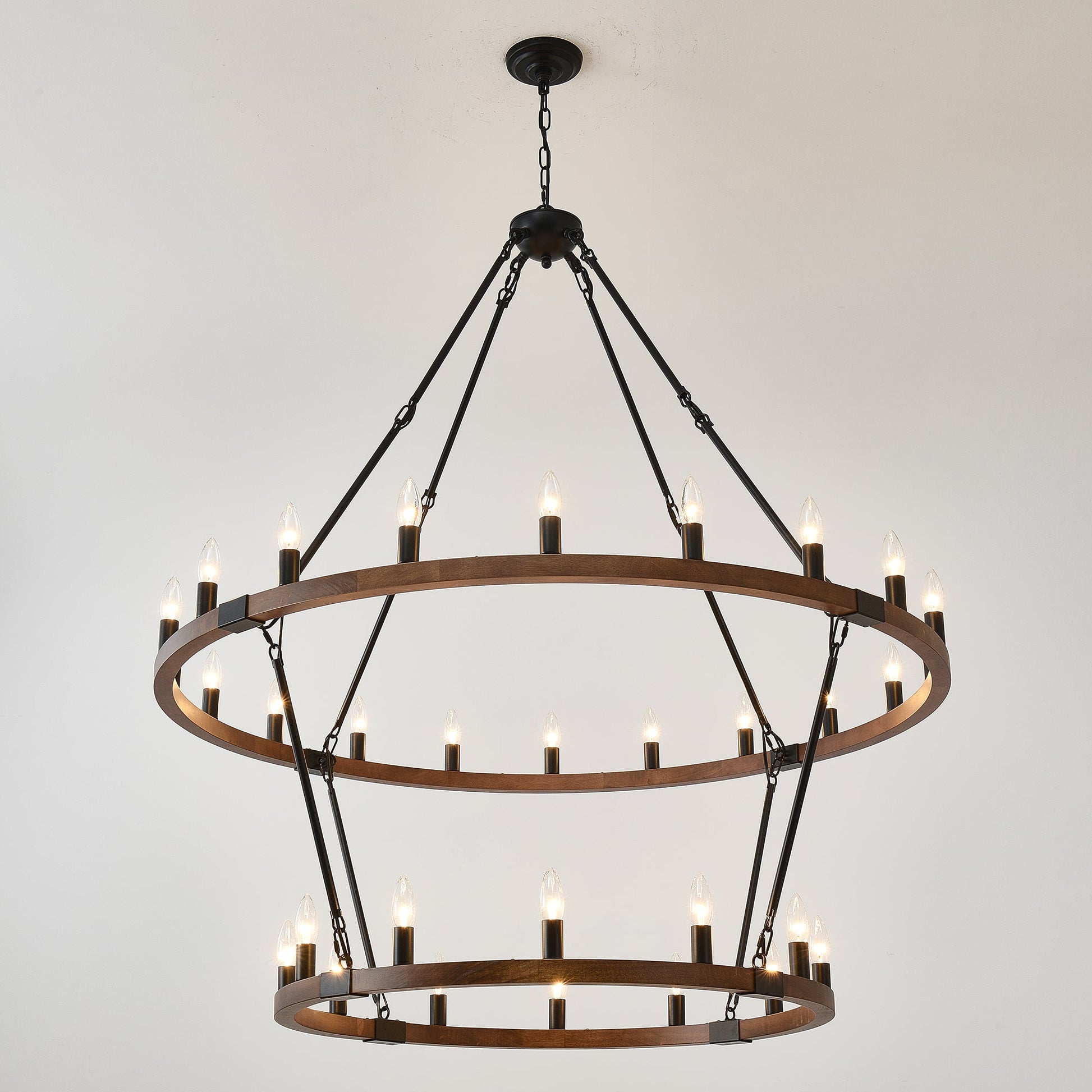 Chandelier large solid wood wagon wheel with 2 tiers and 32 bulbs, black metal frame on Tampa Home & Garden Store