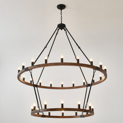 Chandelier large solid wood wagon wheel with 2 tiers and 32 bulbs, black metal frame on Tampa Home & Garden Store