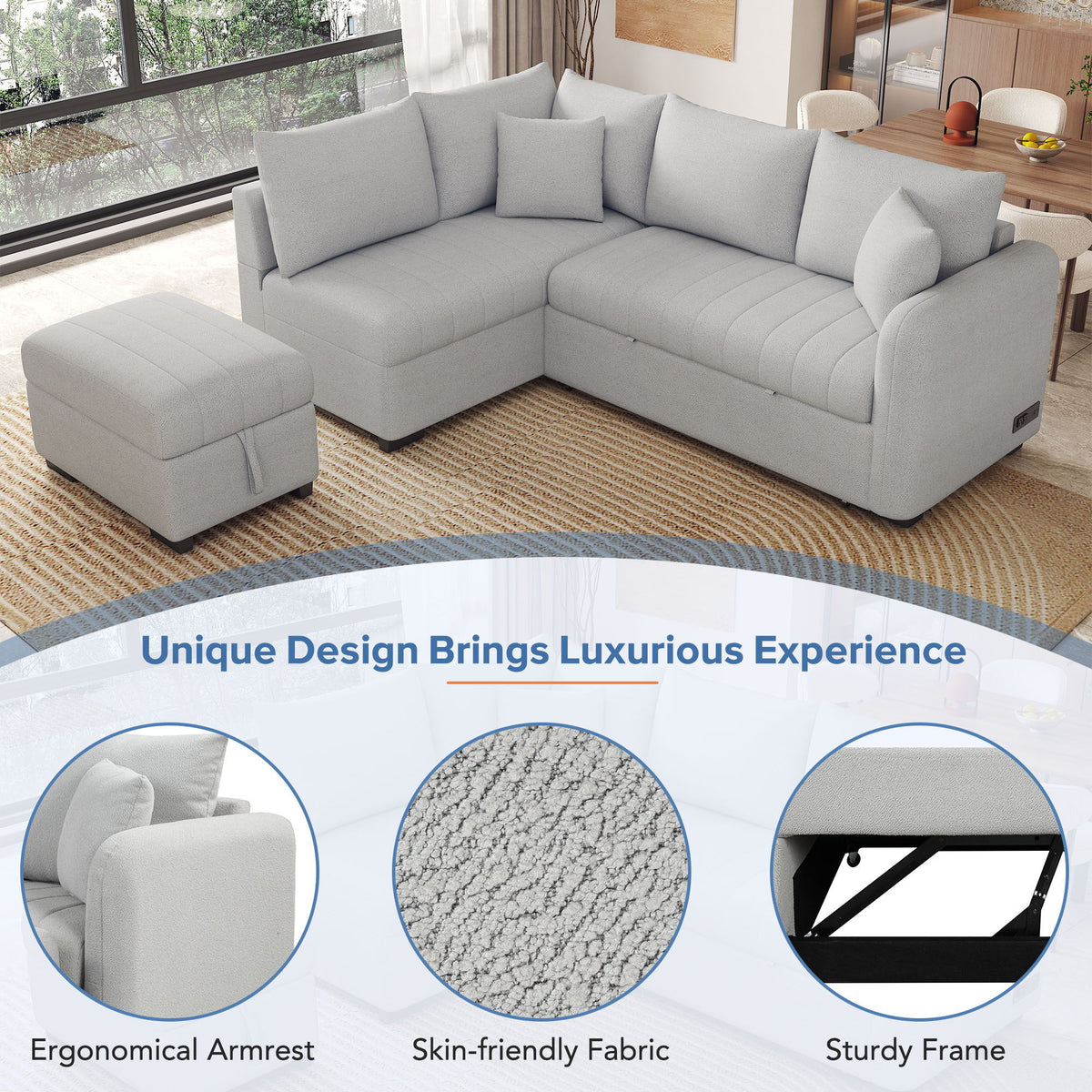 Gray L-shaped sleeper sectional sofa with storage ottoman, USB ports&power sockets on Tampa Home & Garden Store
