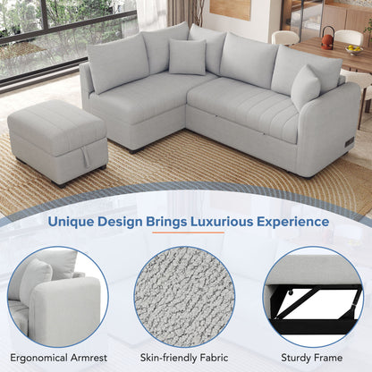 Gray L-shaped sleeper sectional sofa with storage ottoman, USB ports&power sockets on Tampa Home & Garden Store