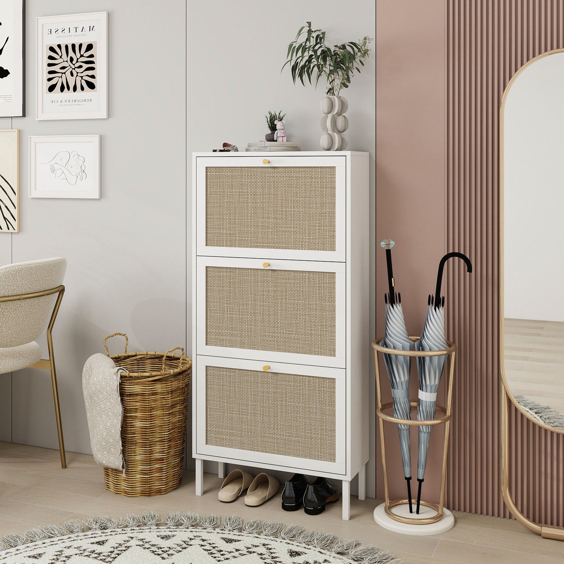 Modern Rattan 3 Door Shoe Cabinet by HouseOfZazla, white with woven cane fronts entryway on Tampa Home & Garden Store