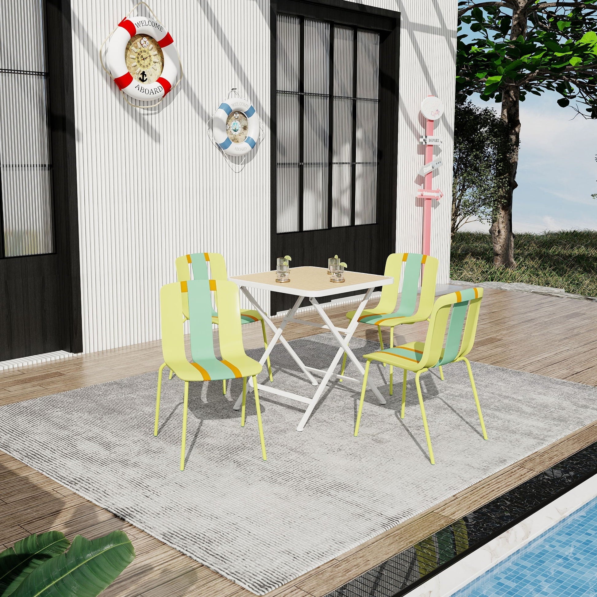 HouseOfZazla 4-piece modern striped outdoor chairs set with folding square table pastel on Tampa Home & Garden Store