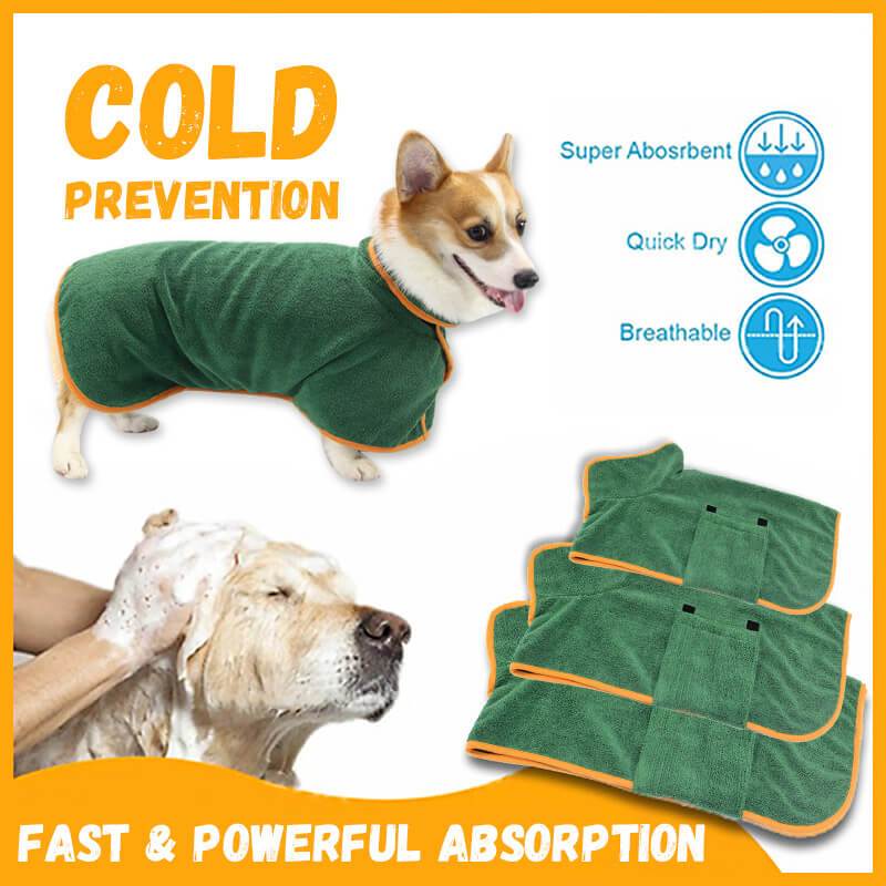 Absorbent Pet Bathrobe for dogs by Pet Zen in green microfiber with orange trim; set of 3 robes on Tampa Home & Garden Store