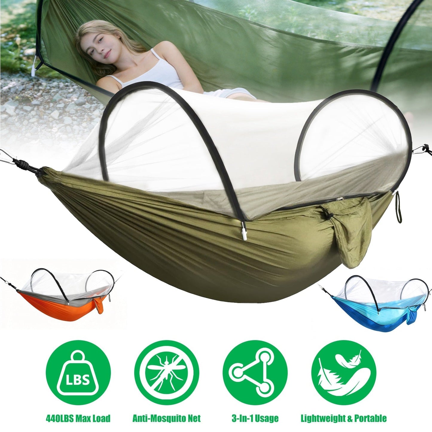 GemGear Camping Hammock with Mosquito Net 3-in-1 olive green 440lbs on Tampa Home & Garden Store
