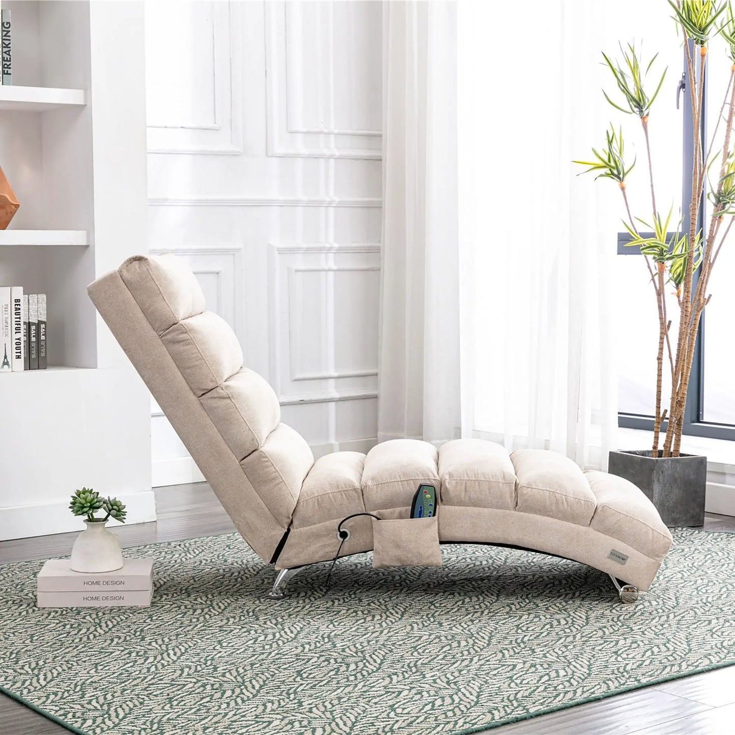 Beige massage chaise lounge with remote pocket, indoor ergonomic massager in modern living room on Tampa Home & Garden Store