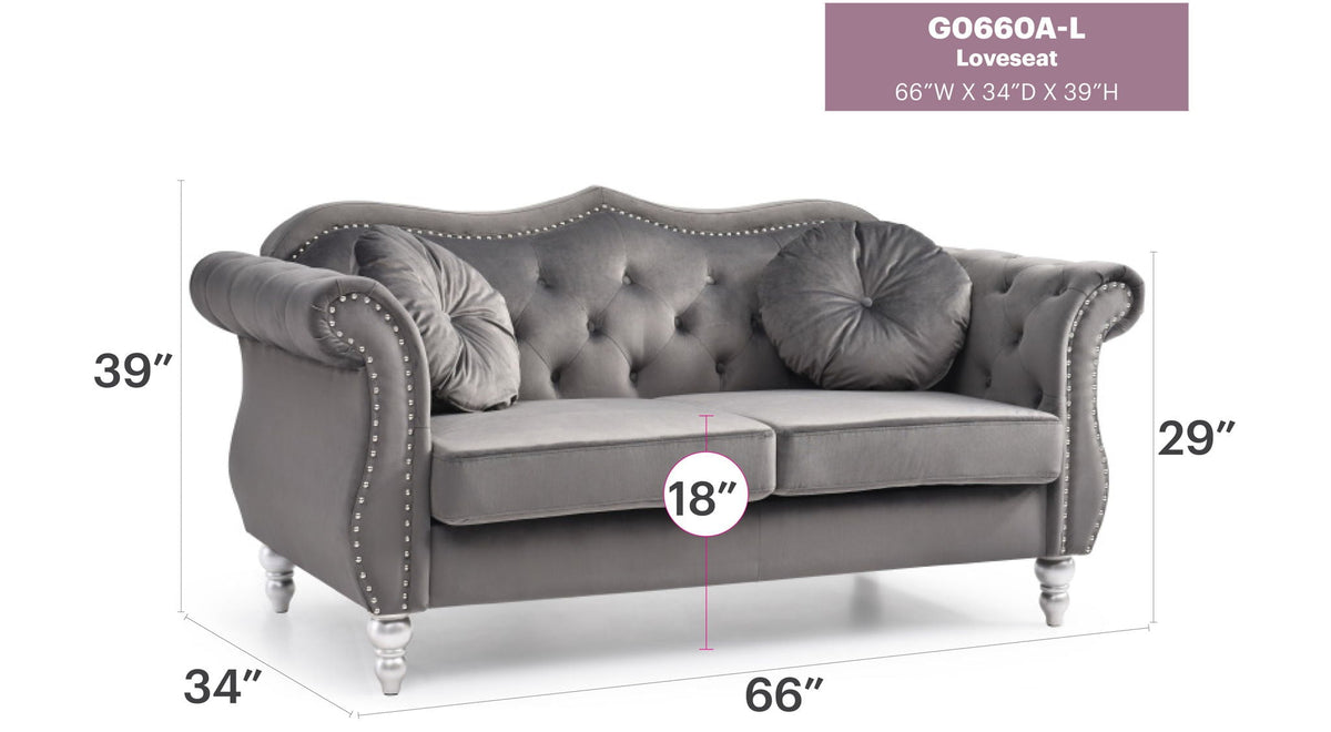 Stylish flared-arm loveseat with nailhead trim in grey velvet on Tampa Home & Garden Store