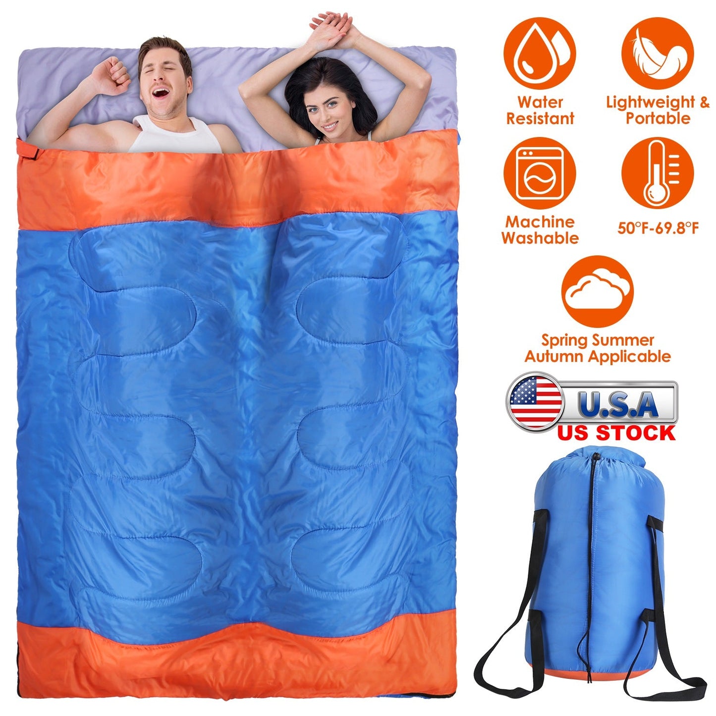 3-Person sleeping bag GemGear blue-orange with purple interior, water resistant carry sack on Tampa Home & Garden Store
