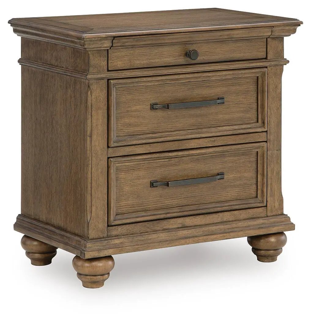 Karallin three-drawer nightstand in medium brown wood with round knob and metal bar pulls on Tampa Home & Garden Store