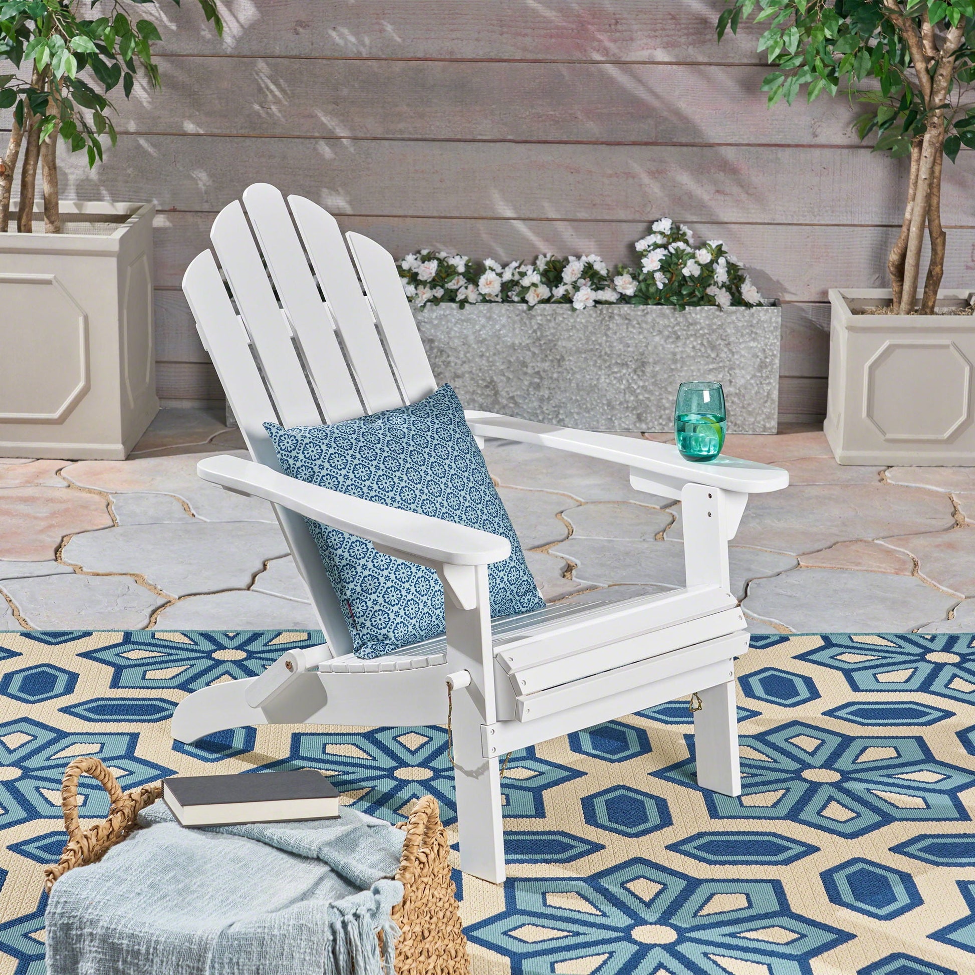 Aurascape Acacia Wood Foldable Adirondack Chair by HouseOfZazla with blue patterned cushion on Tampa Home & Garden Store