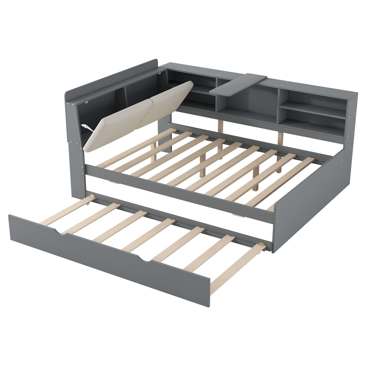Platform bed with trundle and storage headboard, gray finish, HouseOfZazla on Tampa Home & Garden Store