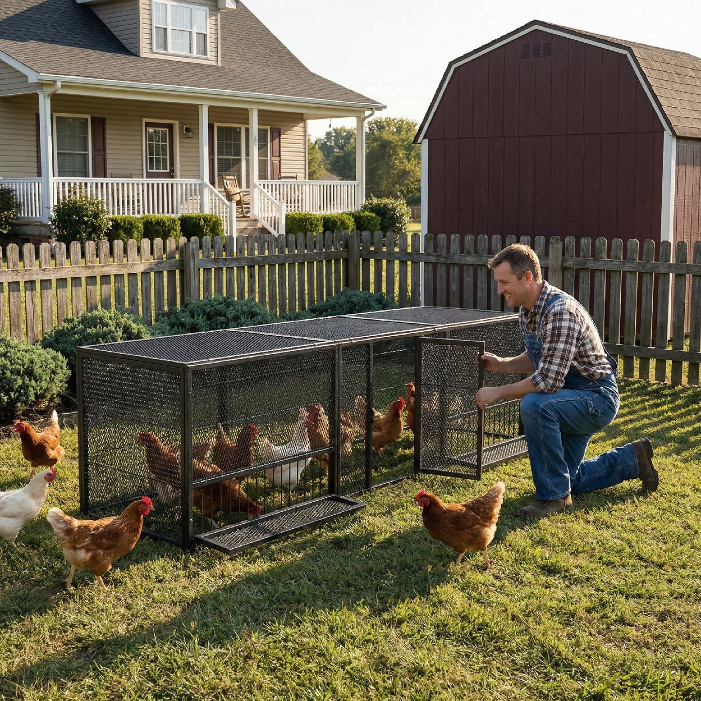 Thickened Chicken Coop For Outdoor Black Silver bird cage with chickens and a man tending on Tampa Home & Garden Store