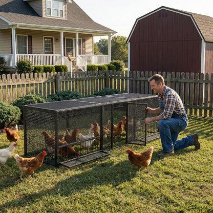 Thickened Chicken Coop For Outdoor Black Silver bird cage with chickens and a man tending on Tampa Home & Garden Store