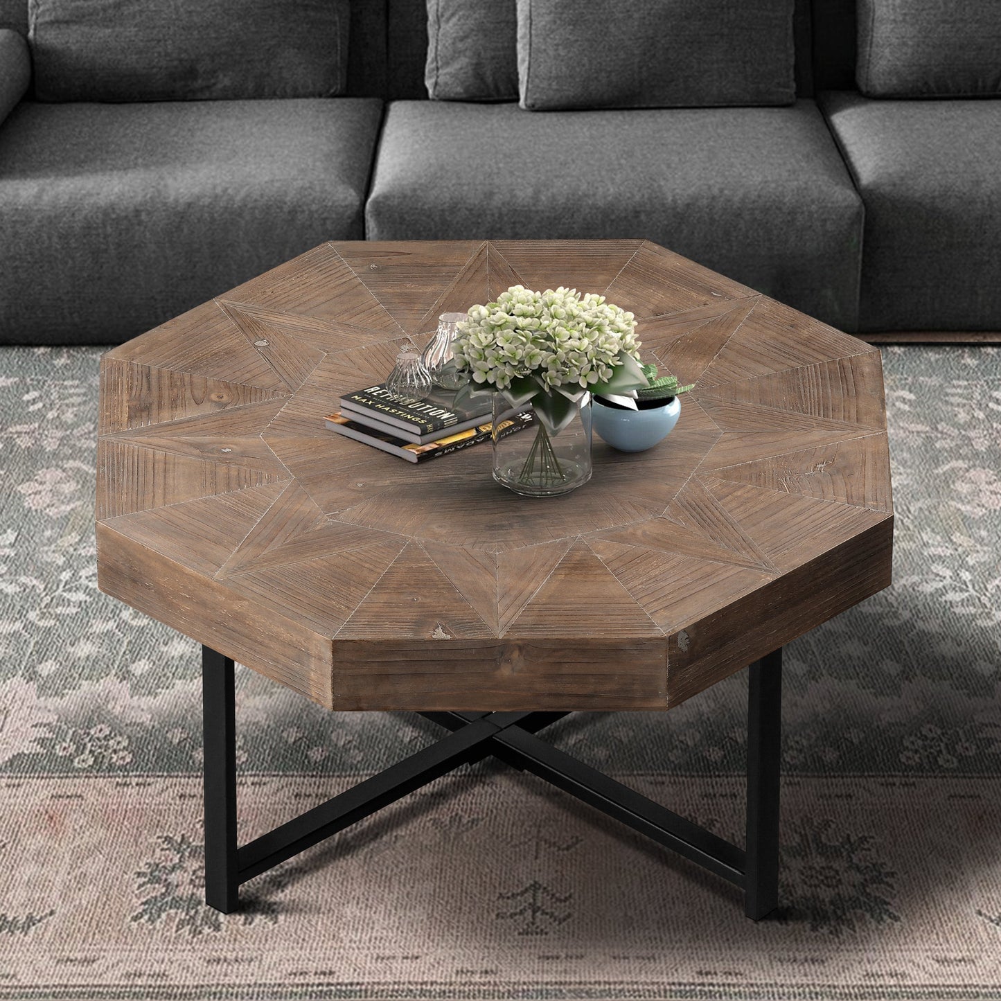 Wood octagonal vintage patchwork coffee table in brown with black legs by HouseOfZazla on Tampa Home & Garden Store