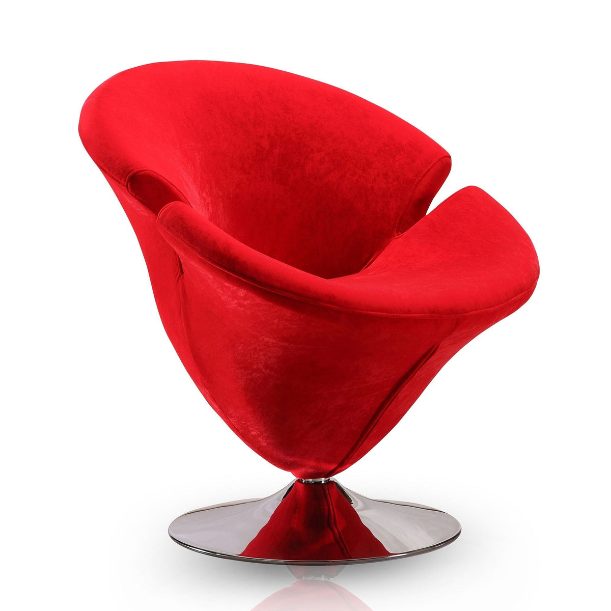Red Tulip swivel lounge chair in velvet with chrome pedestal base, 360° rotation on Tampa Home & Garden Store