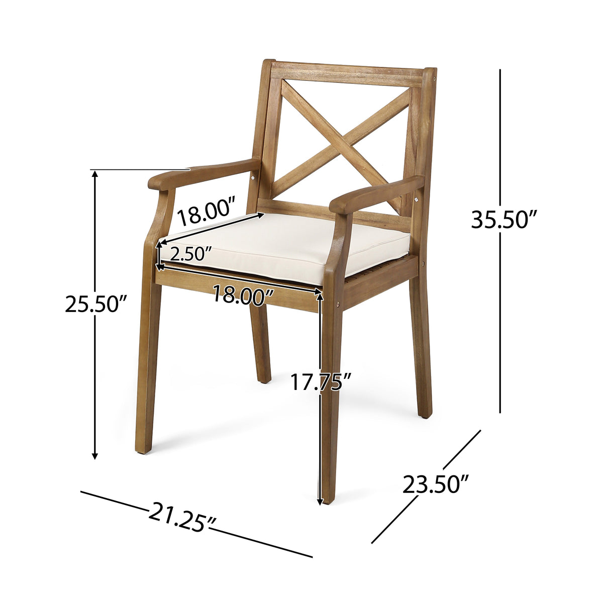 Perla 2-Piece Dining Chair set outdoor chairs with cream water-resistant cushions, wooden frame on Tampa Home & Garden Store