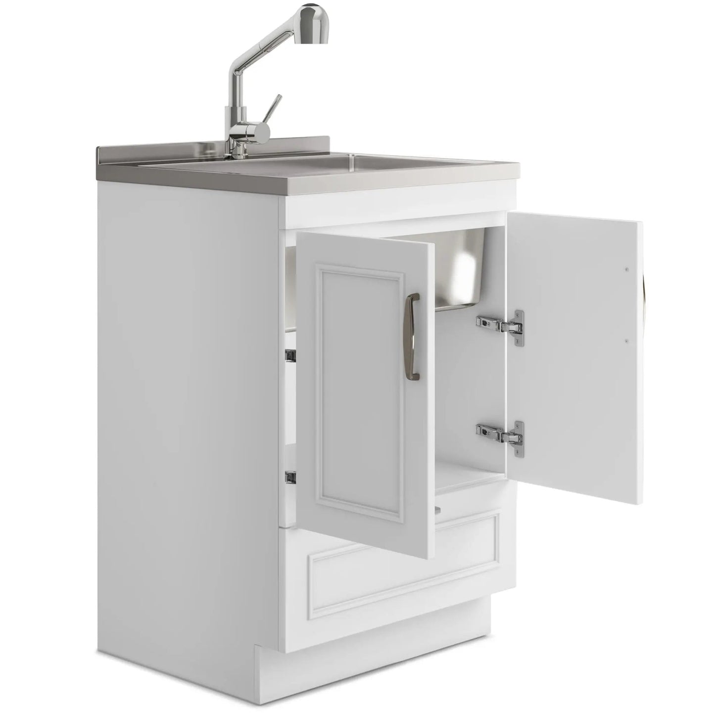Cardinal laundry cabinet with faucet and sink, white wood, chrome hardware on Tampa Home & Garden Store
