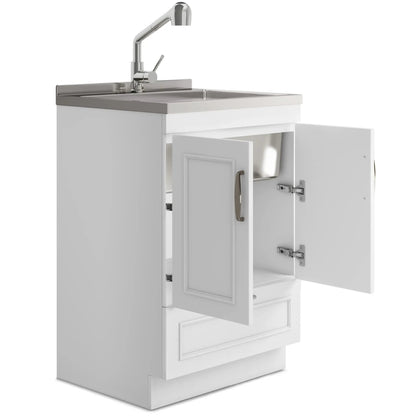Cardinal laundry cabinet with faucet and sink, white wood, chrome hardware on Tampa Home & Garden Store