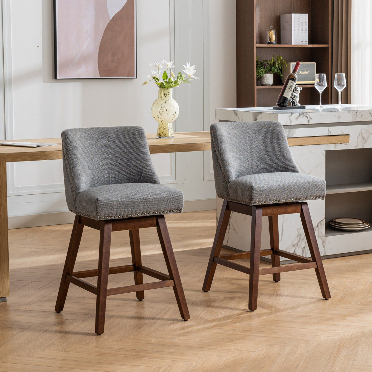 Counter height swivel barstools, set of 2 with gray fabric upholstery and dark wood legs on Tampa Home & Garden Store