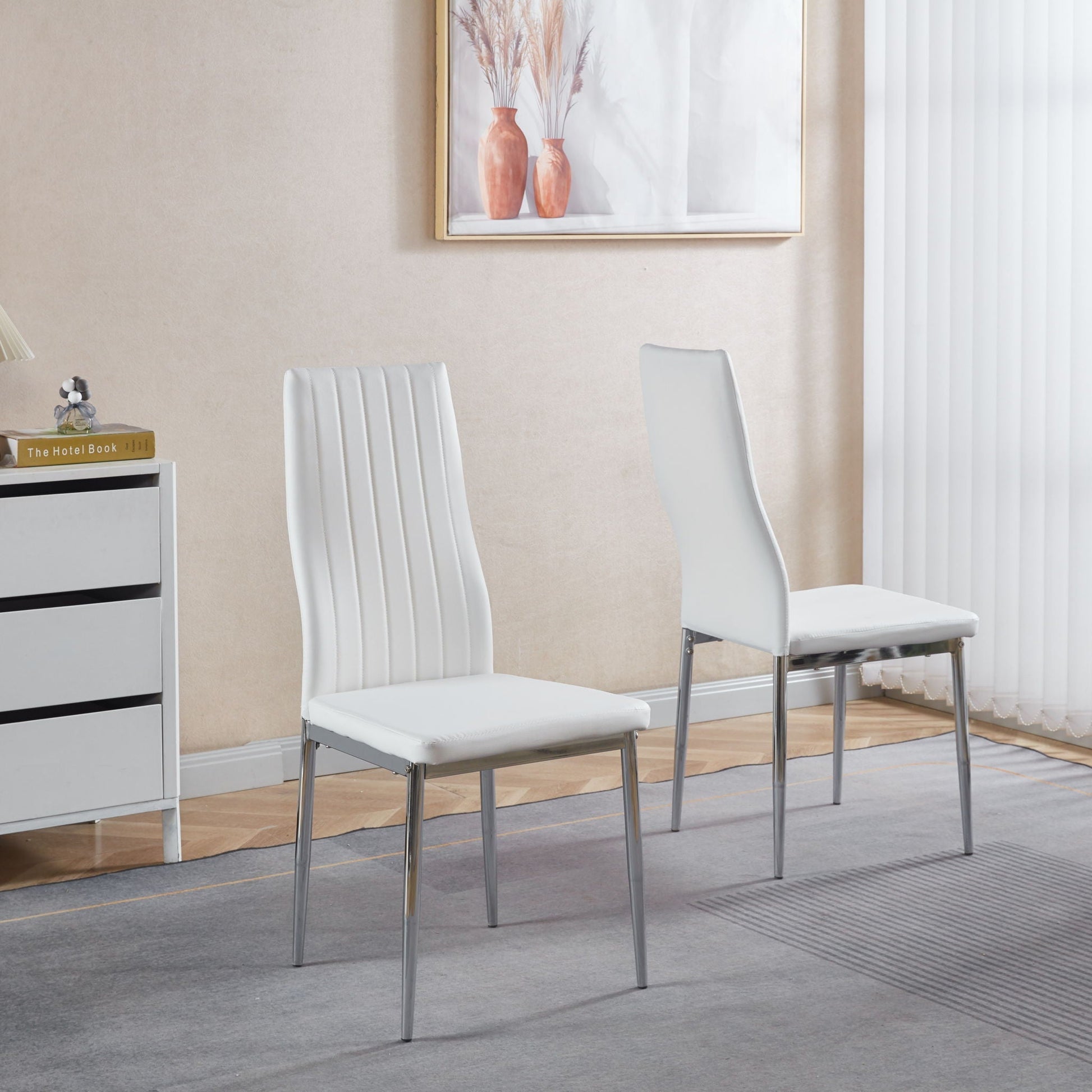 Minimalist Design Dining Chair set of 4, white upholstered seats with chrome metal legs on Tampa Home & Garden Store