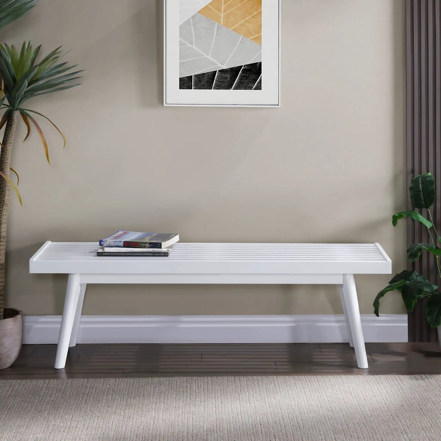 Larwich solid wood slatted bench white with slatted top and angled legs on Tampa Home & Garden Store