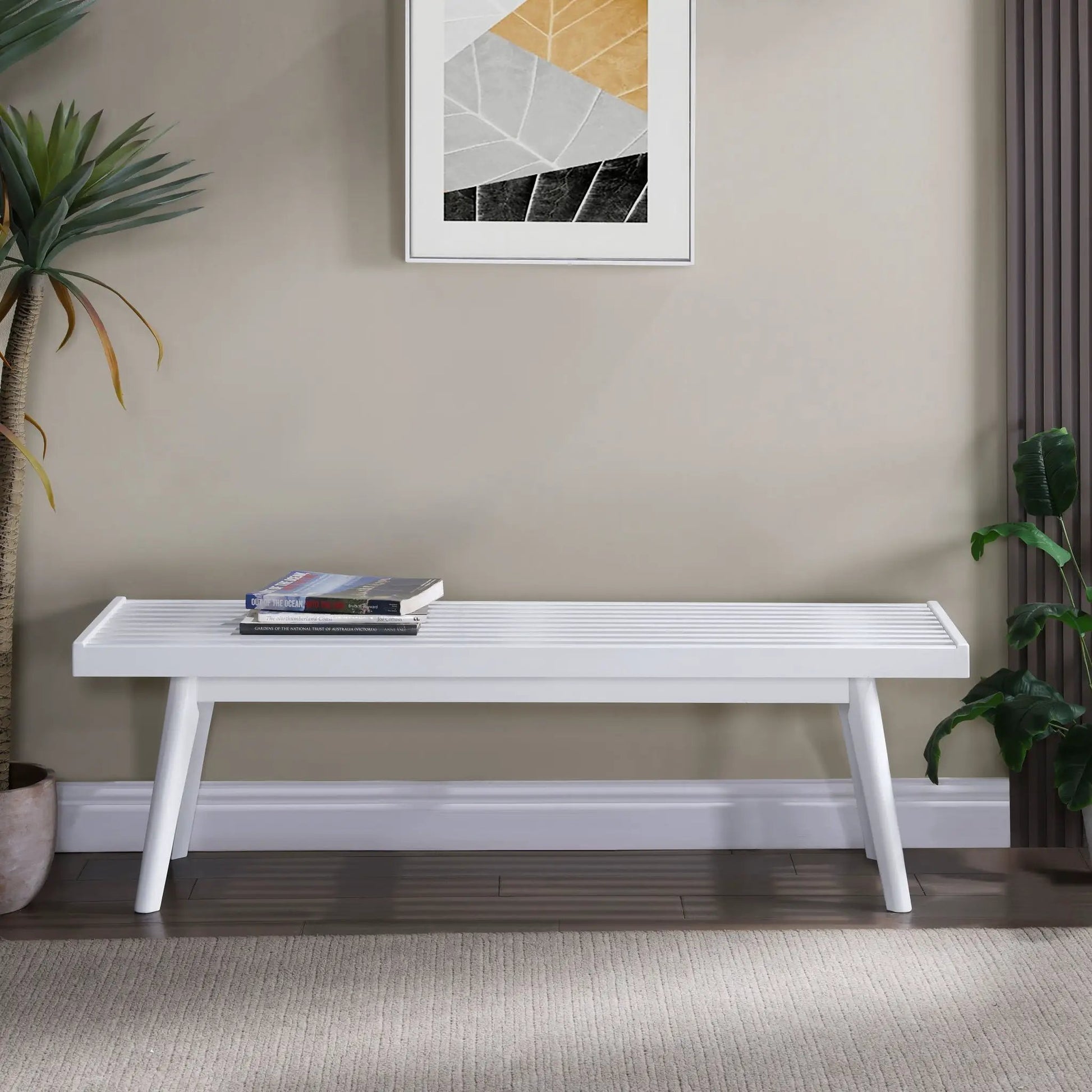 Larwich solid wood slatted bench white with slatted top and angled legs on Tampa Home & Garden Store