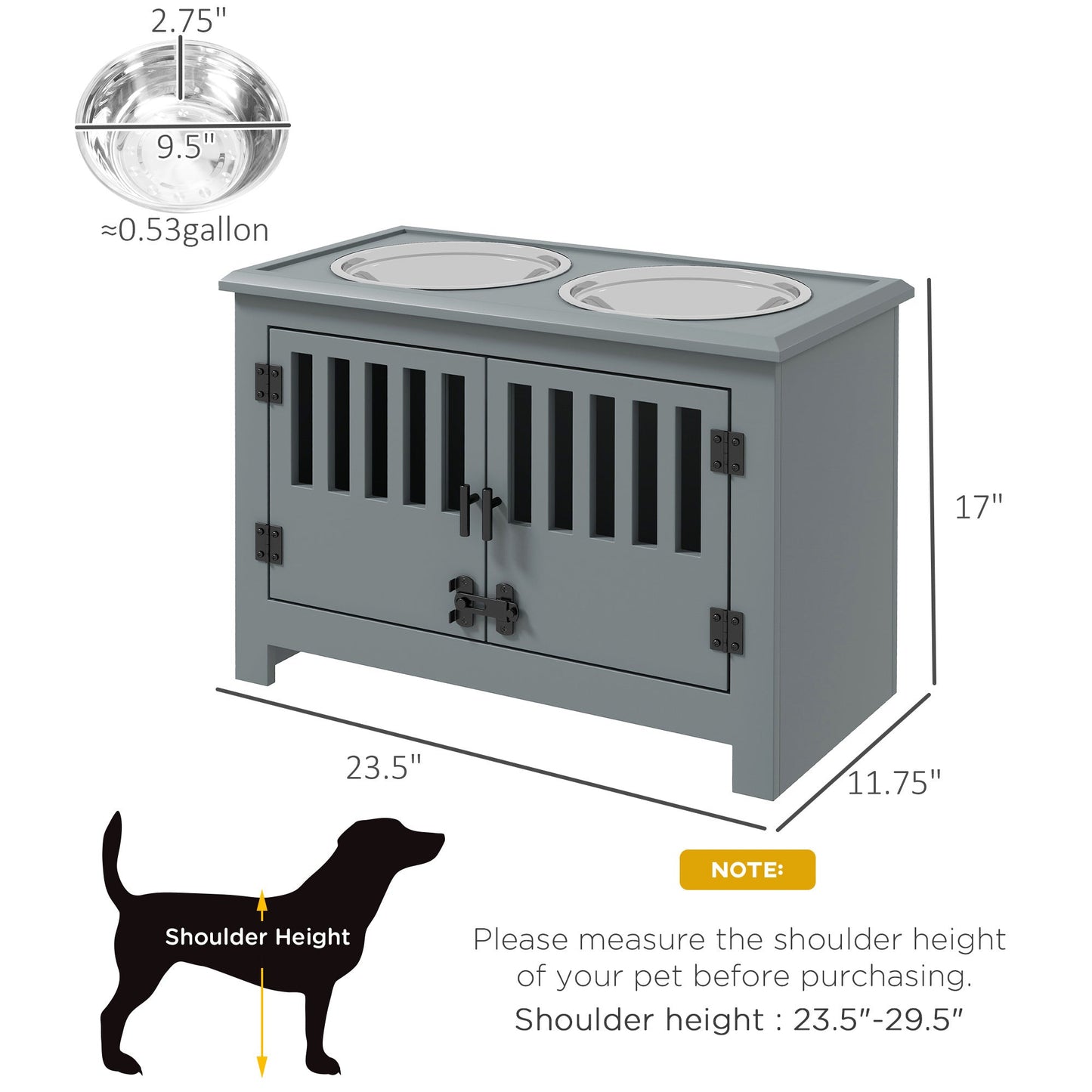 PawHut Large Elevated Dog Bowls with Storage Cabinet, gray dual bowls on a storage stand on Tampa Home & Garden Store