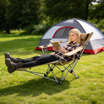 Reclining camping chair GemGear with footrest, tan fabric, headrest and cup holder on Tampa Home & Garden Store