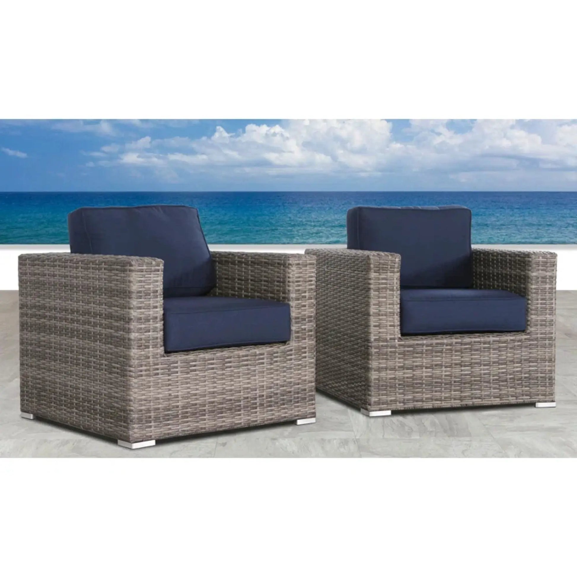 Patio arm chairs with dark navy cushions in woven gray wicker, set of 3 on Tampa Home & Garden Store
