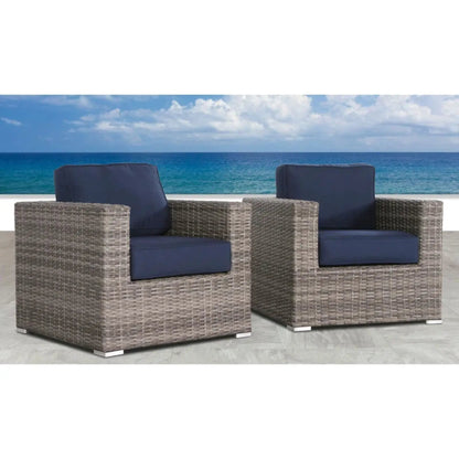 Patio arm chairs with dark navy cushions in woven gray wicker, set of 3 on Tampa Home & Garden Store
