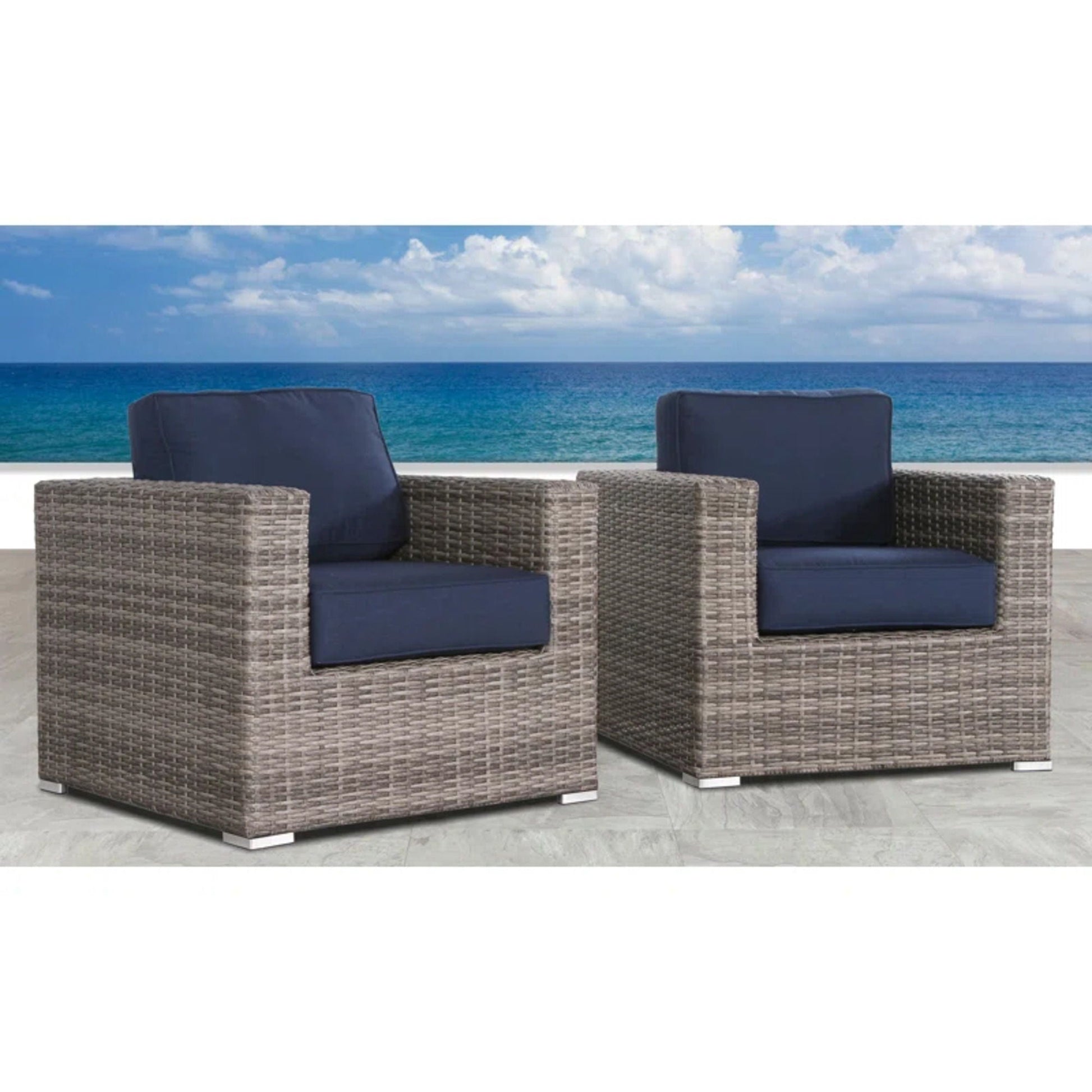 Patio arm chairs in brown wicker with navy cushions, outdoor seating four by HouseOfZazla on Tampa Home & Garden Store