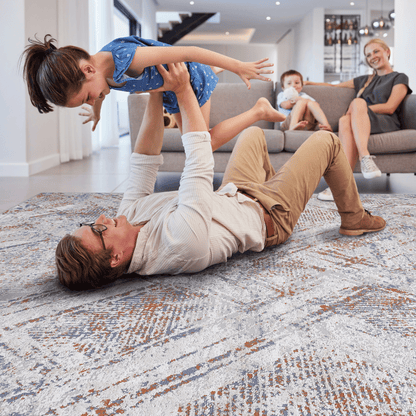 PAYAS 6.7x9 Rug with Stain Resistance blue gray orange by HouseOfZazla in living room on Tampa Home & Garden Store
