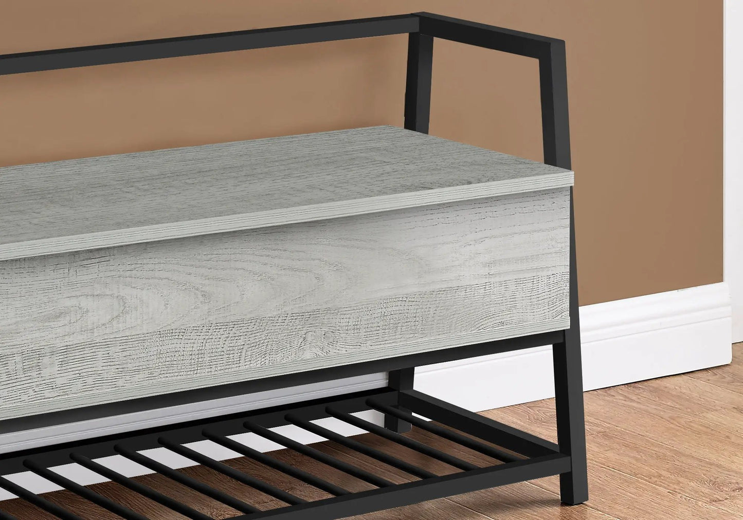 Rectangular storage bench with light gray wood top and black metal frame on Tampa Home & Garden Store