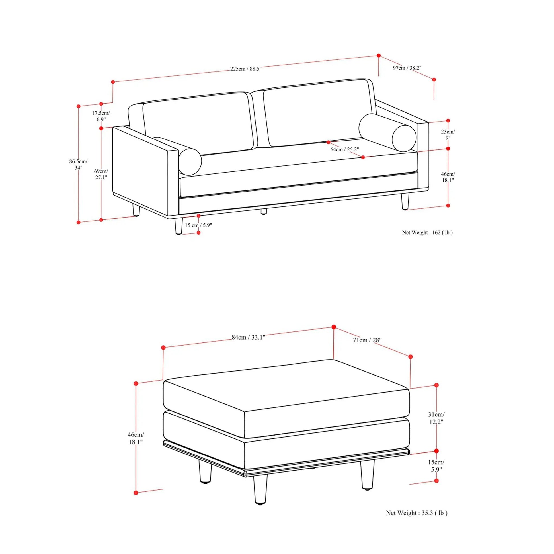 Morrison sofa and ottoman set, 2-piece living room by Unique Piece Furniture; schematic on Tampa Home & Garden Store