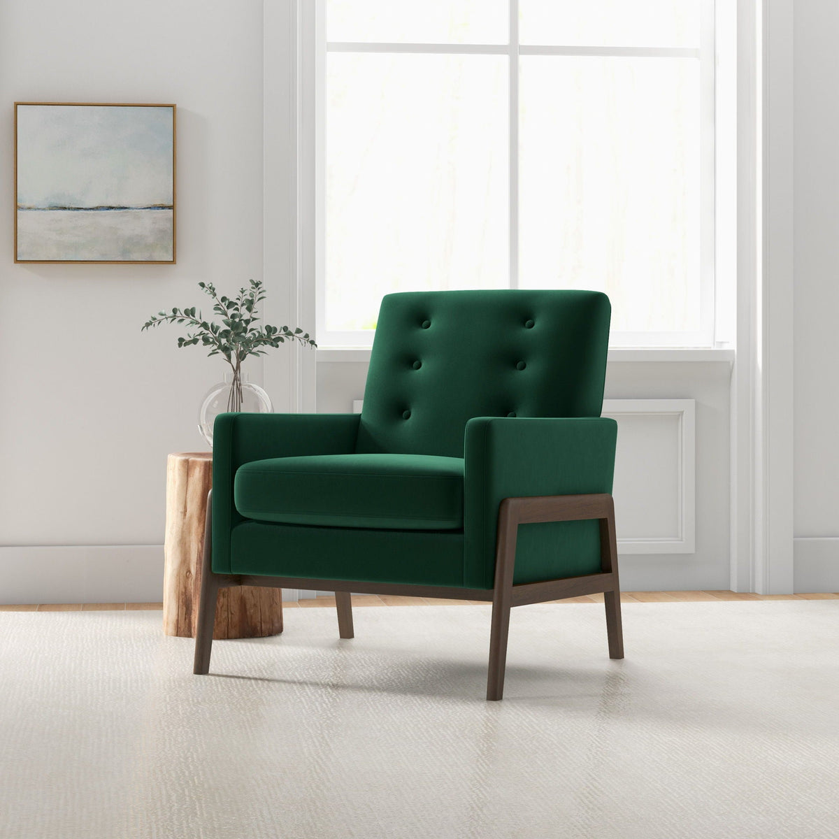 Cole Solid Wood Lounge Chair in green upholstery with dark wood legs by HouseOfZazla on Tampa Home & Garden Store