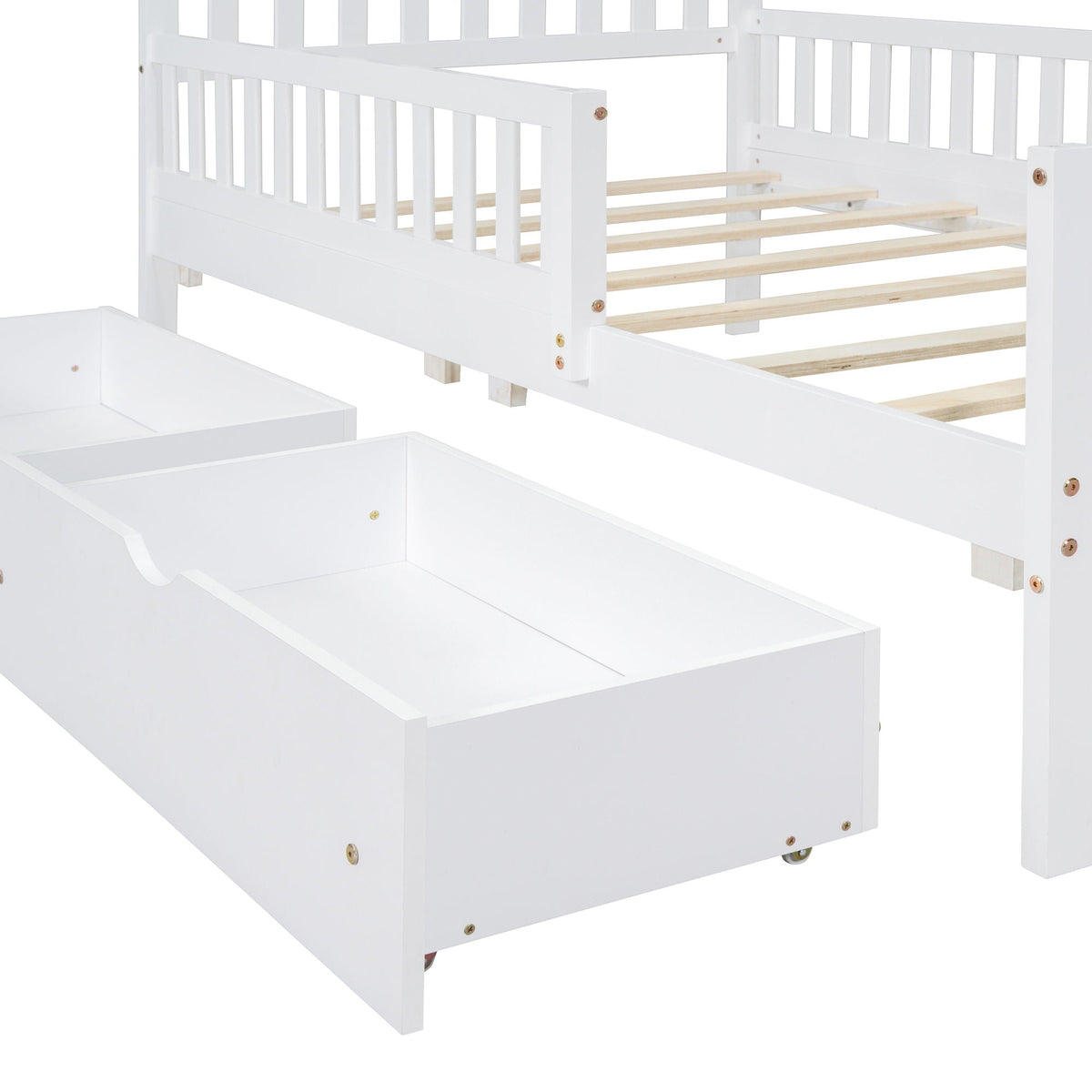 Platform bed with guardrails on both sides and 2 white storage drawers HouseOfZazla on Tampa Home & Garden Store